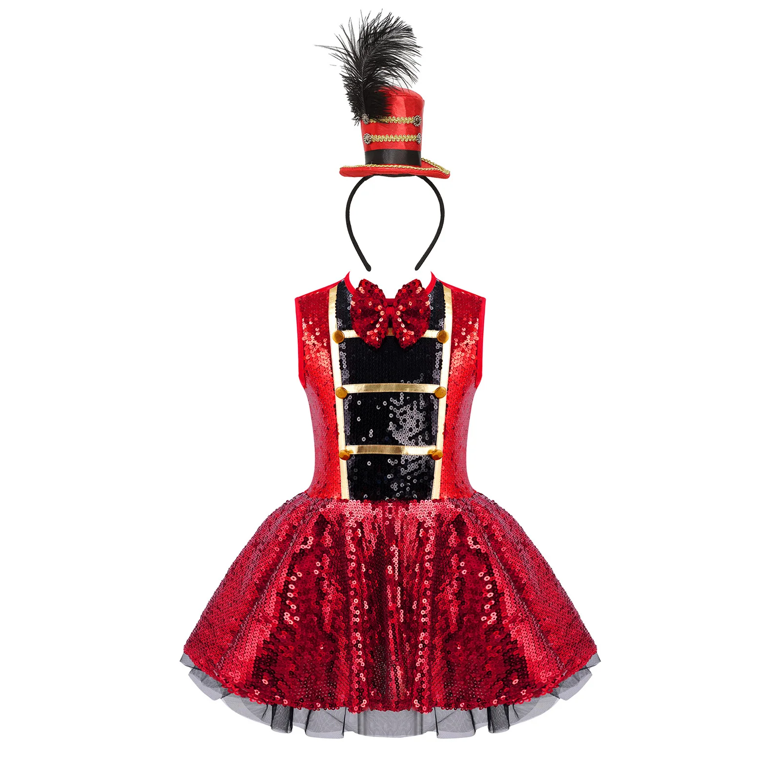 Drum Marching Role Play Performance Costumes Bow Tie Sleeveless Sequins Adorned Dress Leotard with Top Feathered Hat Headwear
Drum Marching Role Play Performance Costumes Bow Tie Sleeveless Sequins Adorned Dress Leotard with Top Feathered Hat Headwear