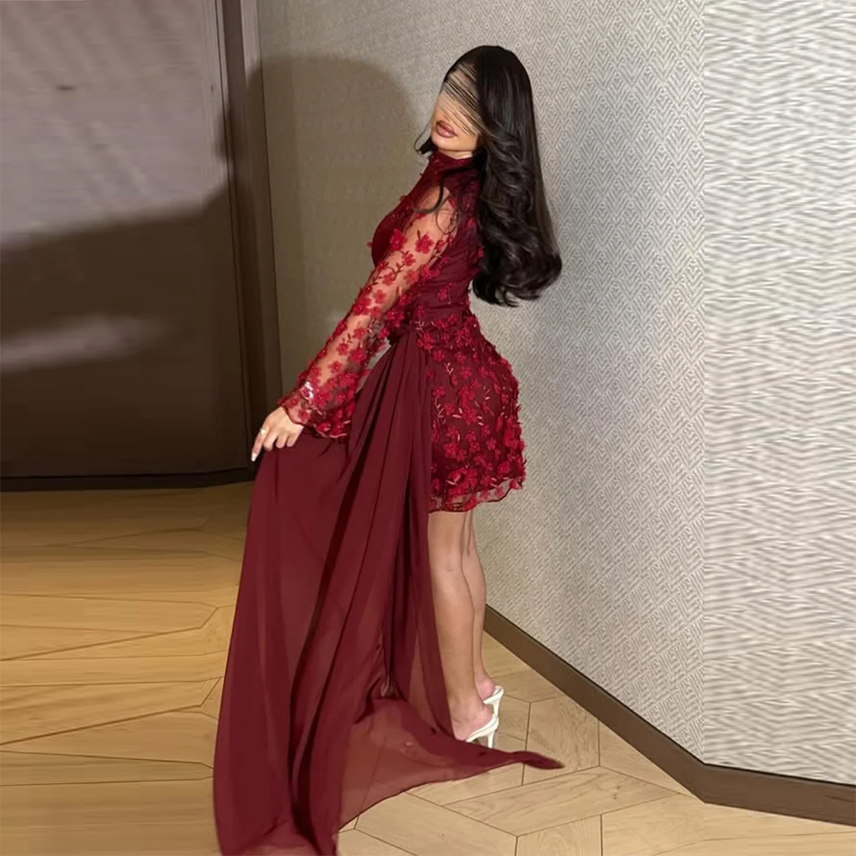 Burgundy 3D Appliques Long Sleeves Prom Dresses Chiffon High Low Evening Gowns Women Formal Party Dress
Burgundy 3D Appliques Long Sleeves Prom Dresses Chiffon High Low Evening Gowns Women Formal Party Dress