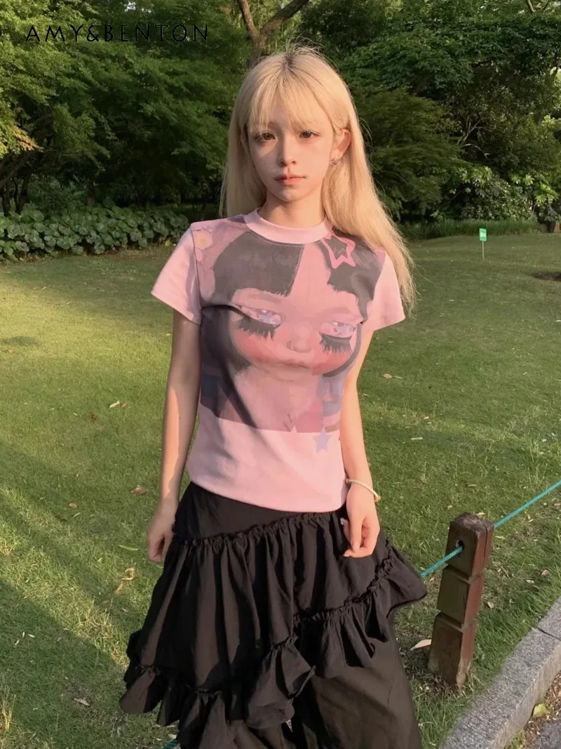 2025 New Japanese Summer Pink Front Shoulder Cartoon Print Slim Fit Thin Dopamine Wear Top Short Sleeve T-shirt For Women
2025 New Japanese Summer Pink Front Shoulder Cartoon Print Slim Fit Thin Dopamine Wear Top Short Sleeve T-shirt For Women