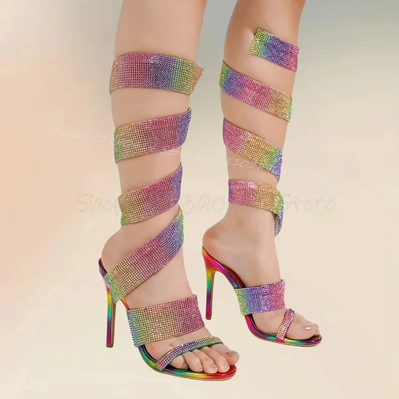 Rainbow Color Rhinestone Decor Twine Sandals Boots Slip On Women Shoes Thin High Heels Open Toe Fashion 2025 Zapatos Para Mujere 
Rainbow Color Rhinestone Decor Twine Sandals Boots Slip On Women Shoes Thin High Heels Open Toe Fashion 2025 Zapatos Para Mujere
