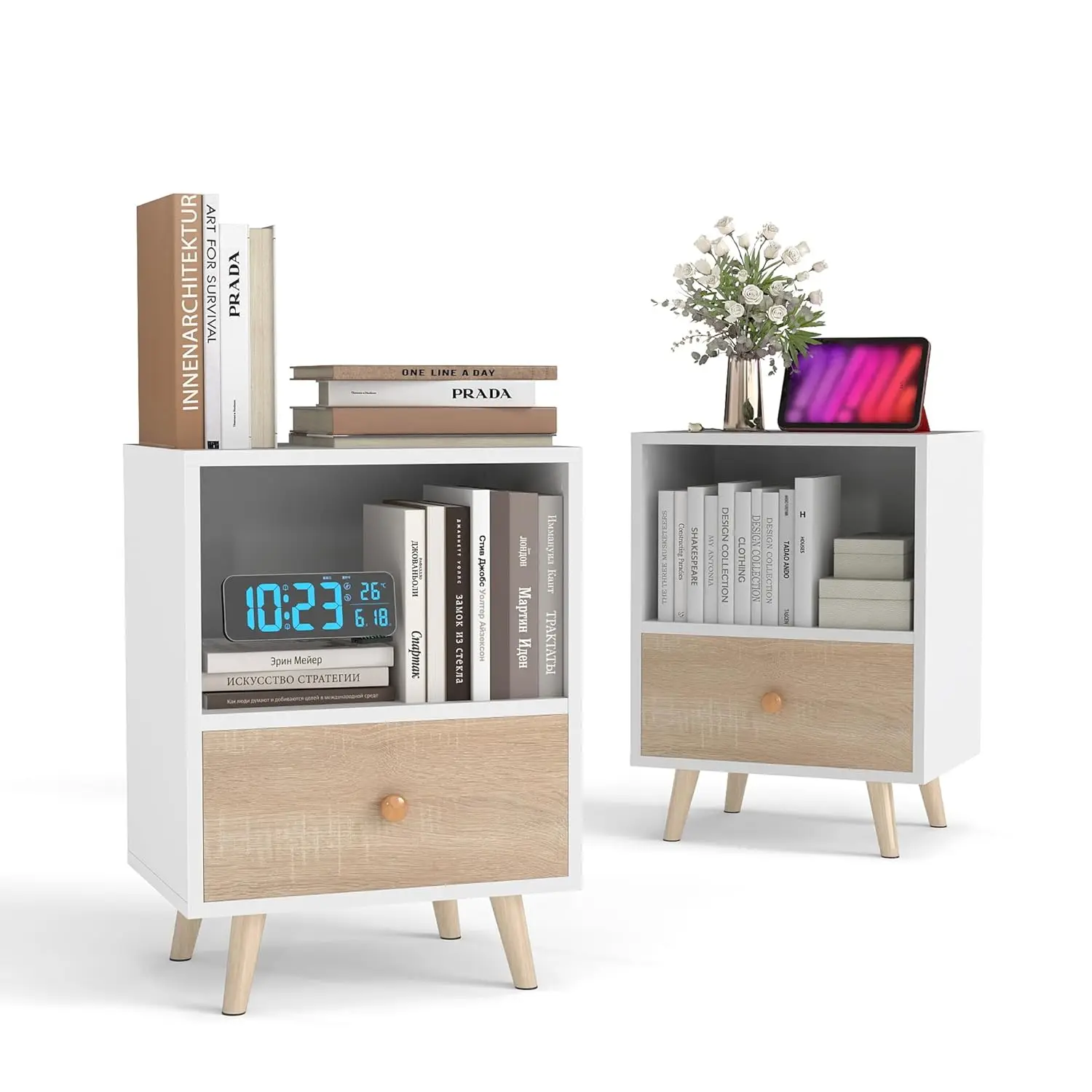 Nightstands Set of 2, Night Stand with Drawer and Open Storage Shelf, Bedside Tables with Solid Wood Legs, End, Customized
Nightstands Set of 2, Night Stand with Drawer and Open Storage Shelf, Bedside Tables with Solid Wood Legs, End, Customized
