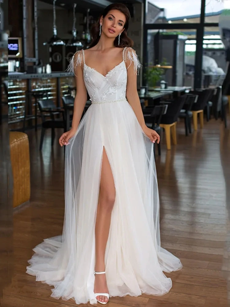 Sexy Backless Wedding Dresses Sleeveless Side Slit A-Line Bridal Gowns For Formal Party Spaghetti Straps Vestidos De Novia 2023
Sexy Backless Wedding Dresses Sleeveless Side Slit A-Line Bridal Gowns For Formal Party Spaghetti Straps Vestidos De Novia 2023