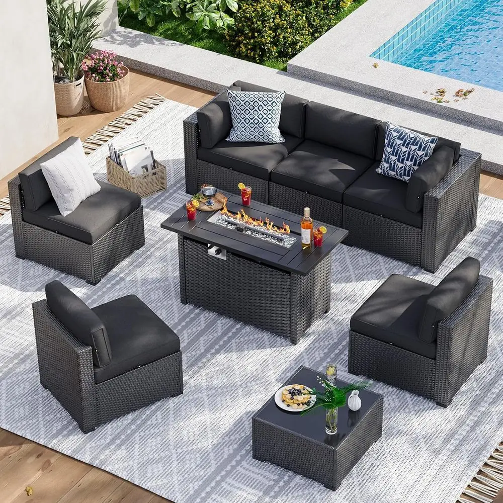 Комплект садовой мебели из 8 предметов с 44-дюймовым столом-очагом и секционным диваном из ротанга с подушками, черный
Комплект садовой мебели из 8 предметов с 44-дюймовым столом-очагом и секционным диваном из ротанга с подушками, черный