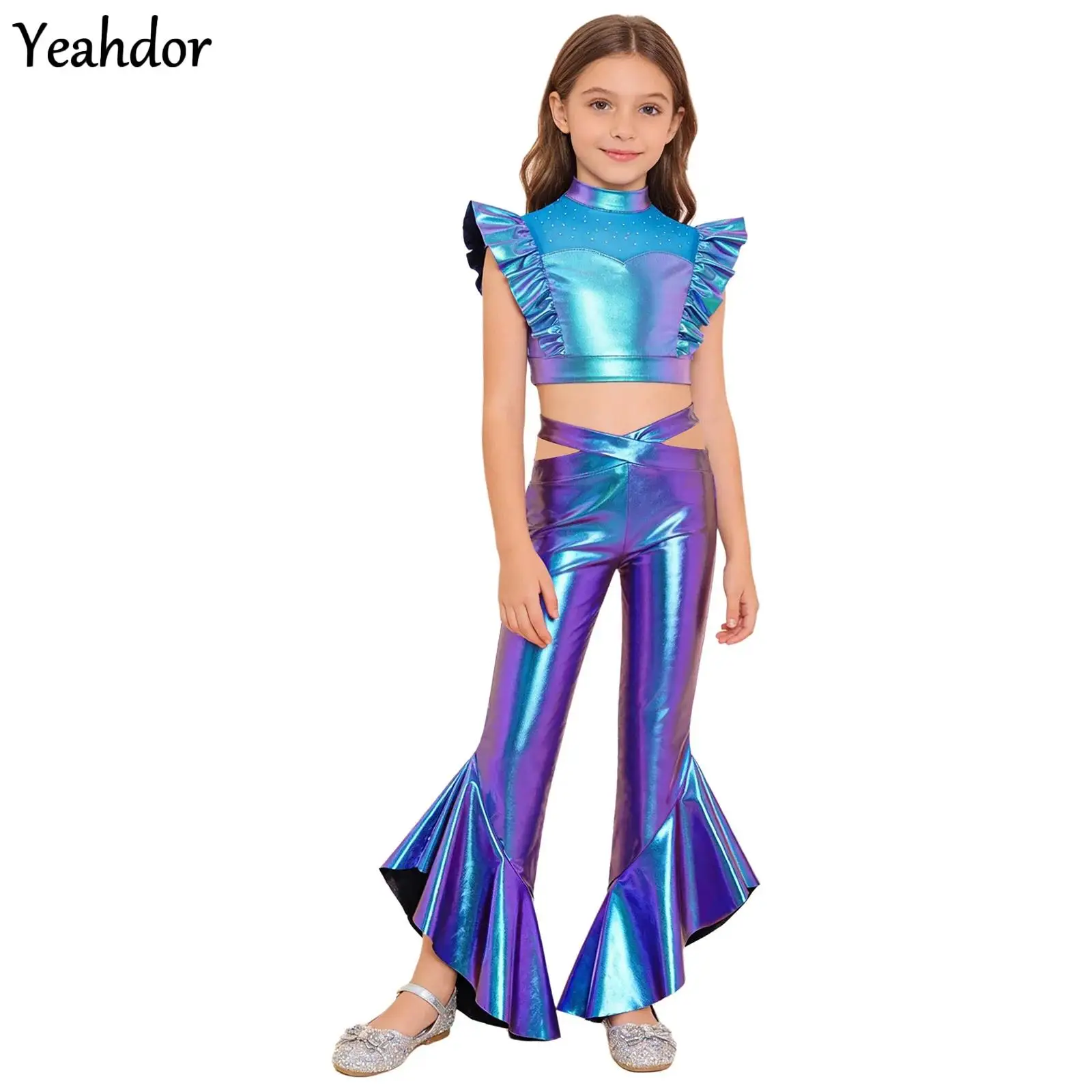 Kids Girls 70S Disco Hippie Costume Singer Jazz Dance Outfit Rhinestones Mesh Metallic Crop Top with Shiny Ruffles Flared Pants
Kids Girls 70S Disco Hippie Costume Singer Jazz Dance Outfit Rhinestones Mesh Metallic Crop Top with Shiny Ruffles Flared Pants