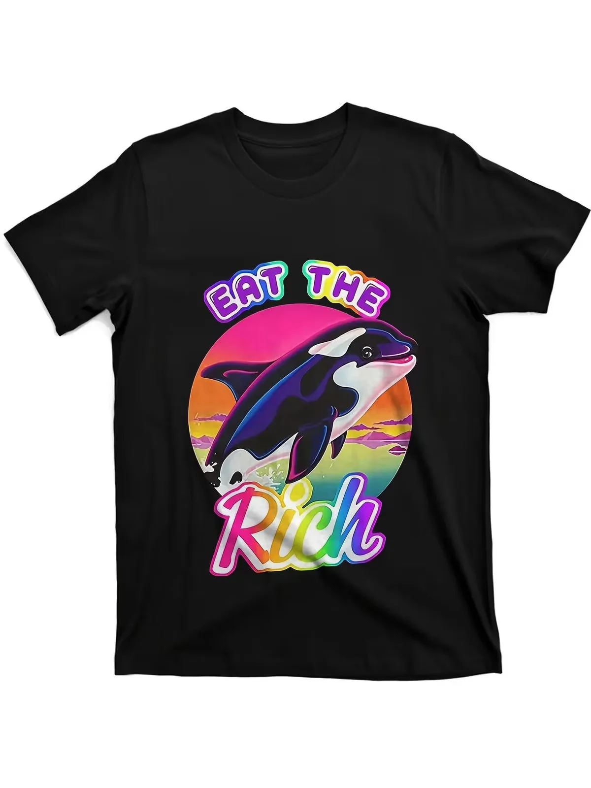 Vibrant Retro 'Eat The Rich' Dolphin Graphic T-Shirt - Black Streetwear Tee with
Vibrant Retro 'Eat The Rich' Dolphin Graphic T-Shirt - Black Streetwear Tee with