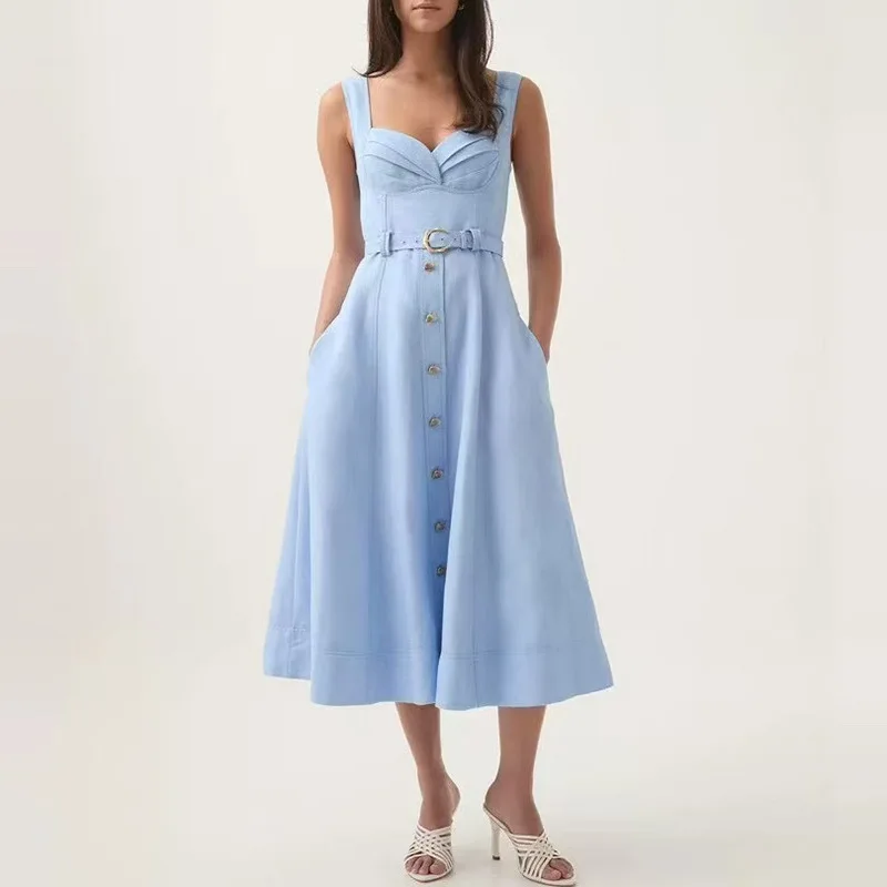 Elegant Sweet Style Solid Color Strap Dress 2025 New Tie Waist Slimming Long Dress Women Summer
Elegant Sweet Style Solid Color Strap Dress 2025 New Tie Waist Slimming Long Dress Women Summer
