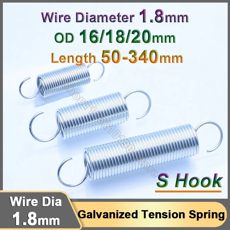 1.8mm Open Hook Tension spring Galvanized Expansion Spring Extension Pullback Stretching Spring S Hook OD 16/18/20mm L=50-340mm
1.8mm Open Hook Tension spring Galvanized Expansion Spring Extension Pullback Stretching Spring S Hook OD 16/18/20mm L=50-340mm