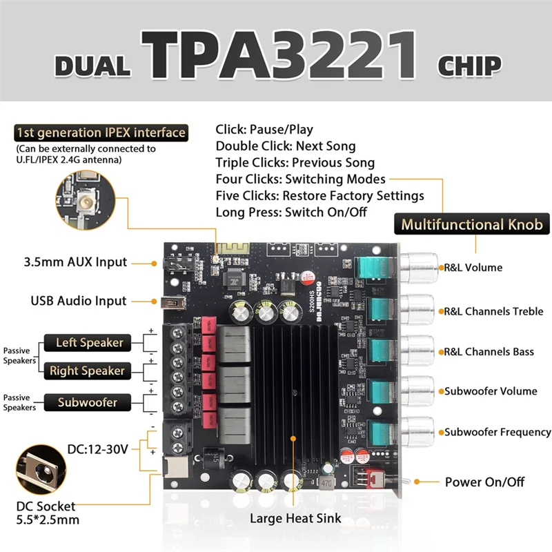 Reliable-NEW S200HS Bluetooth 5.2 Subwoofer Digital Amplifier Board 2.1 Channel 100W+100W+200W Wide Voltage 12-24V Stereo Hifi,N
Reliable-NEW S200HS Bluetooth 5.2 Subwoofer Digital Amplifier Board 2.1 Channel 100W+100W+200W Wide Voltage 12-24V Stereo Hifi,N