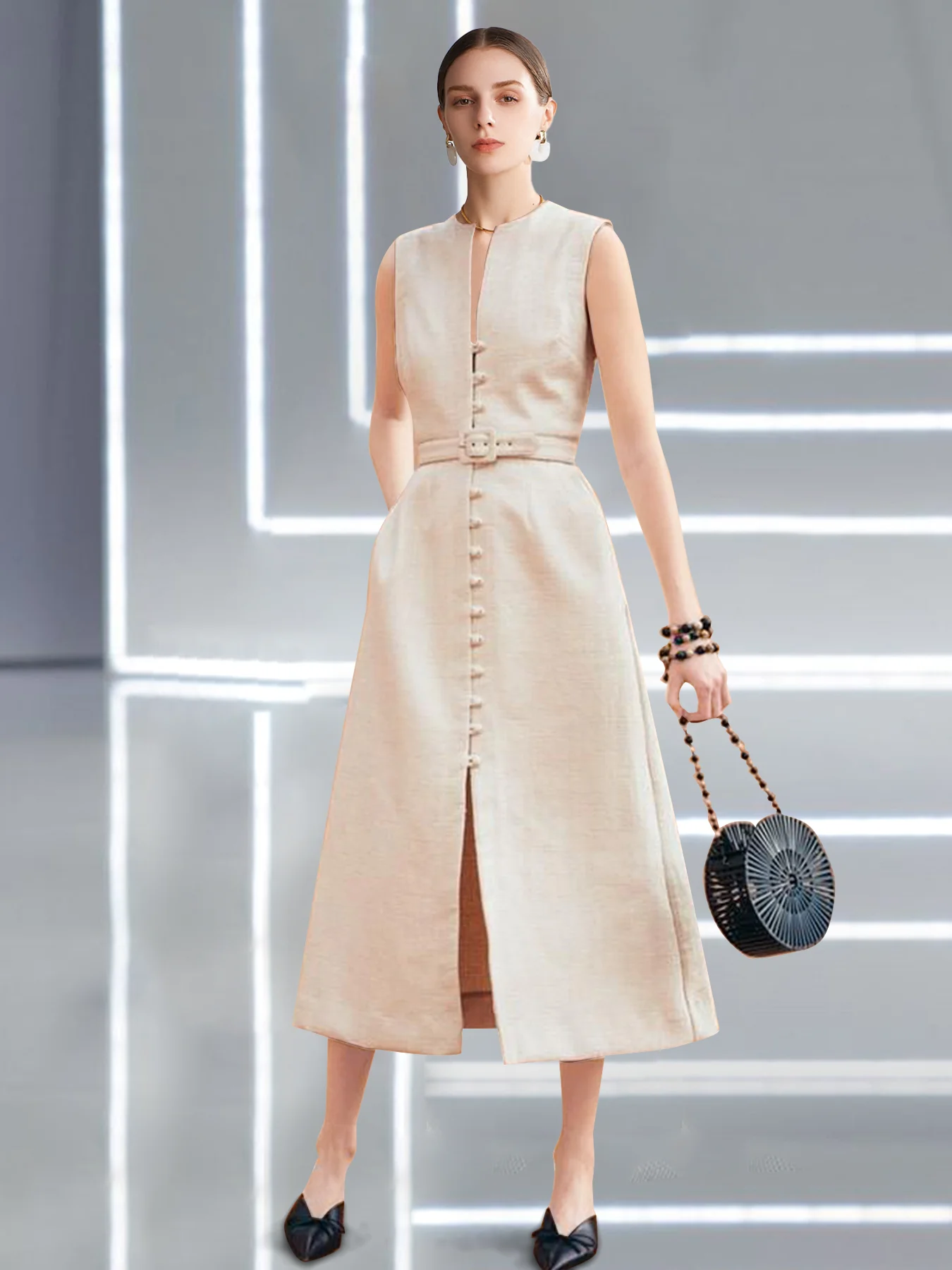 Summer Women Dress O Neck Sleeveless Single-breasted Pockets Belted Lady Dress A-line Midi Dress Formal Office Party Wear
Summer Women Dress O Neck Sleeveless Single-breasted Pockets Belted Lady Dress A-line Midi Dress Formal Office Party Wear