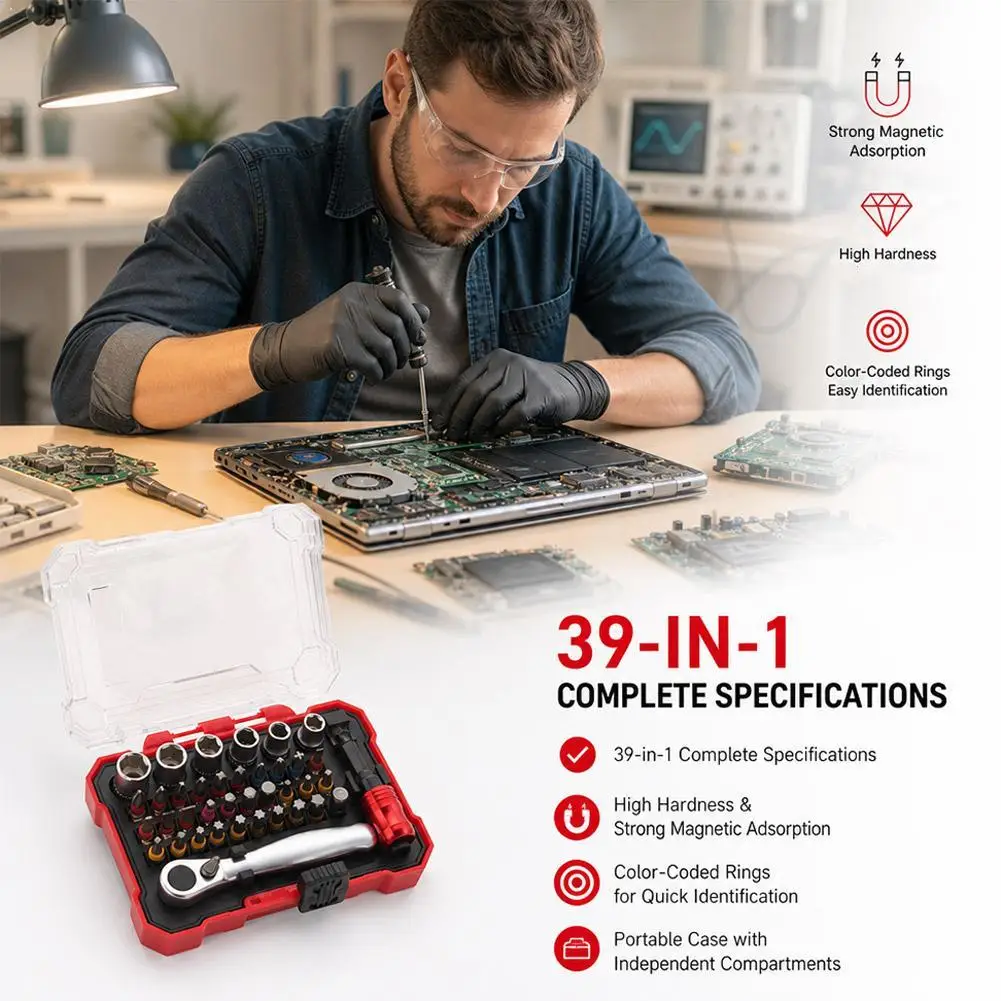 38pcs Screwdriver Bit Set Professional Precision Ratchet Wrench Multi-Functional Repair Tool Kit for Car Electronics PC Home DIY
38pcs Screwdriver Bit Set Professional Precision Ratchet Wrench Multi-Functional Repair Tool Kit for Car Electronics PC Home DIY