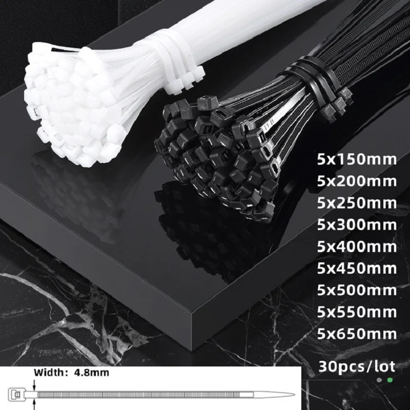 30pcs/lot Self-locking plastic nylon tie black White cable tie fastening ring wraps strap 5x150/200/300/400/450/500/550/650mm
30pcs/lot Self-locking plastic nylon tie black White cable tie fastening ring wraps strap 5x150/200/300/400/450/500/550/650mm