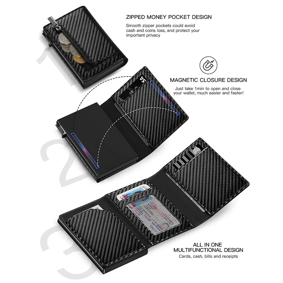 Men's Carbon Fiber Magnetic Card Clip Leather RFID Triple Fold Card with Zipper Wallet Pop Up Smart AirTag Wallet purses purse wallets
Men's Carbon Fiber Magnetic Card Clip Leather RFID Triple Fold Card with Zipper Wallet Pop Up Smart AirTag Wallet purses purse wallets