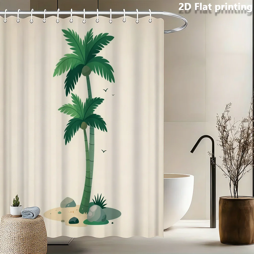 Tropical Palm Tree Shower Curtain 2D Flat Print, Beige Background with Green Palms, Sand, Rocks & Birds, Polyester, 12 Hooks
Tropical Palm Tree Shower Curtain 2D Flat Print, Beige Background with Green Palms, Sand, Rocks & Birds, Polyester, 12 Hooks