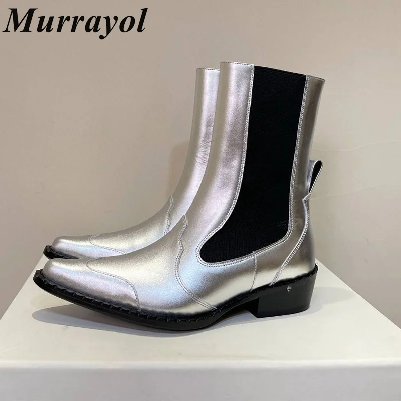 Pointed Toe Genuine Leather Short Boots Women's Elastic Band Splicing Ankle Botas Autumn Winter Thick Heel Chelsea Boots
Pointed Toe Genuine Leather Short Boots Women's Elastic Band Splicing Ankle Botas Autumn Winter Thick Heel Chelsea Boots