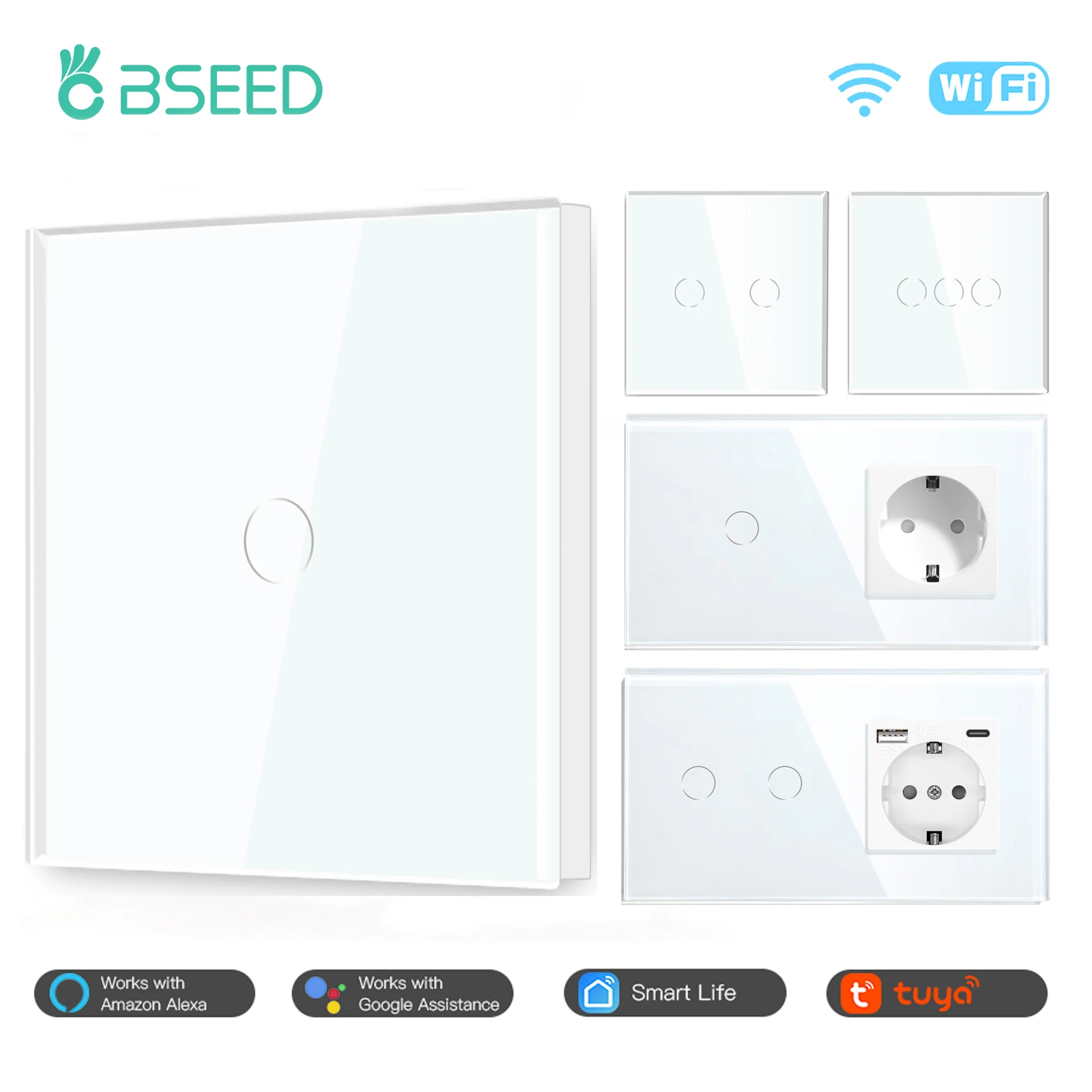 BSEED EU Standard Wifi Wall Switch 1/2/3Gang 1/2/3Way Smart Touch Light Switches Wall Socket Outlets Google Alexa Tuya Control
BSEED EU Standard Wifi Wall Switch 1/2/3Gang 1/2/3Way Smart Touch Light Switches Wall Socket Outlets Google Alexa Tuya Control
