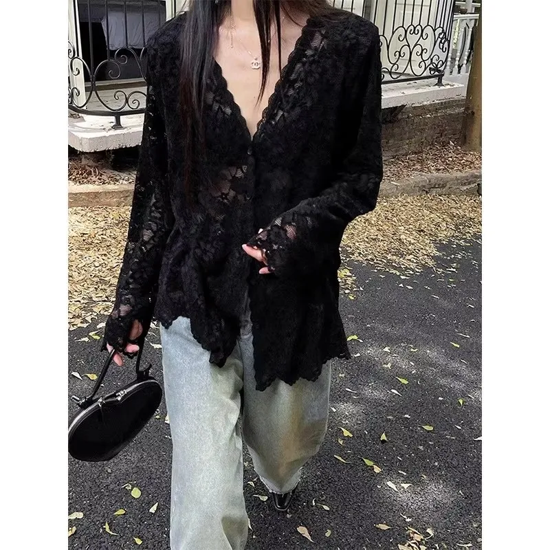 Chic Hollow Out Lace Jacket Women Bottom Shirt Summer Autumn Inner High End Layering Long Sleeve Shirt Sweet Spicy Tops V-neck
Chic Hollow Out Lace Jacket Women Bottom Shirt Summer Autumn Inner High End Layering Long Sleeve Shirt Sweet Spicy Tops V-neck