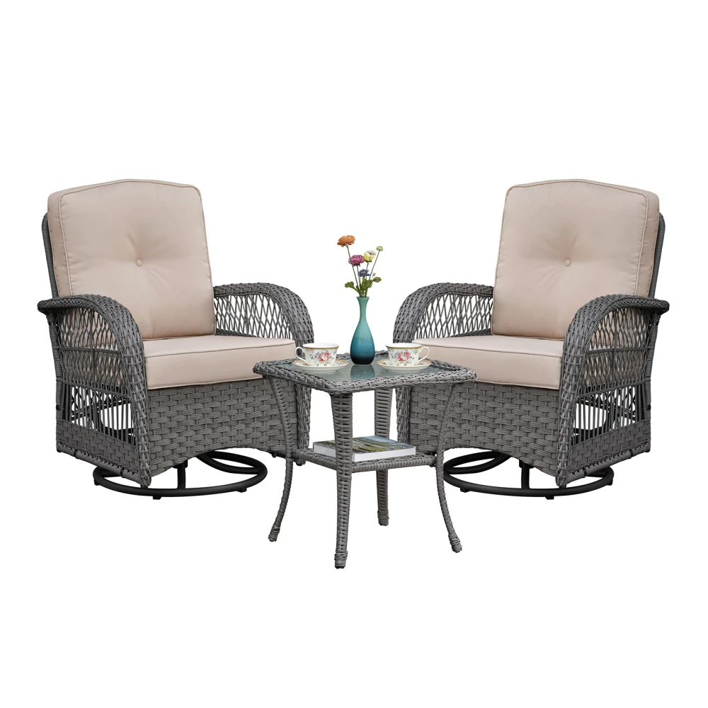 3 Pieces Conversation Set, Outdoor Wicker Rocker Swivel Patio Bistro Set, Rocking Chair with Glass Top Side Table,Grey
3 Pieces Conversation Set, Outdoor Wicker Rocker Swivel Patio Bistro Set, Rocking Chair with Glass Top Side Table,Grey