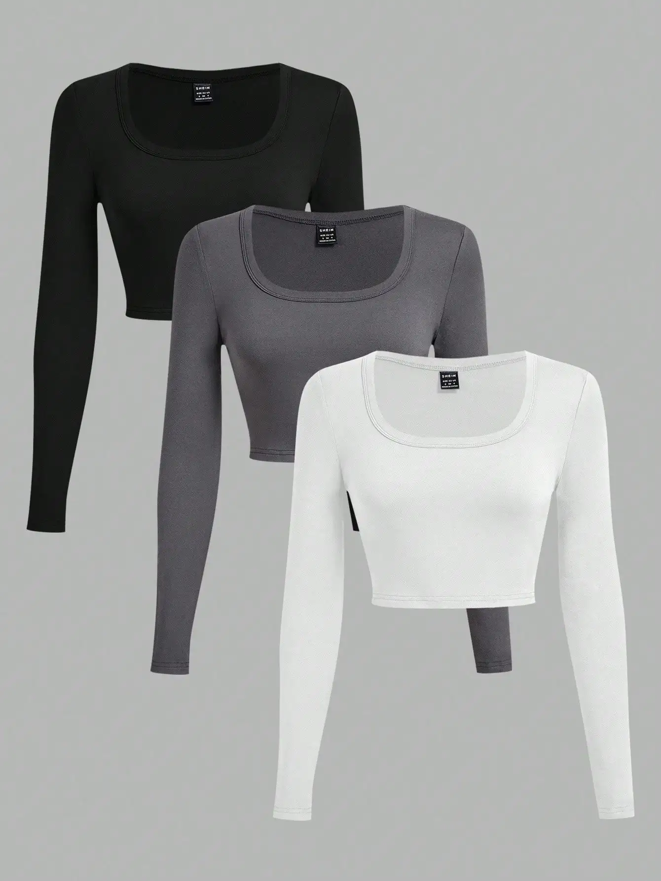 3-Pack Women's U-Neck Cropped Long Sleeve T-Shirts, Black/Gray/White, Spring Fall Winter
3-Pack Women's U-Neck Cropped Long Sleeve T-Shirts, Black/Gray/White, Spring Fall Winter