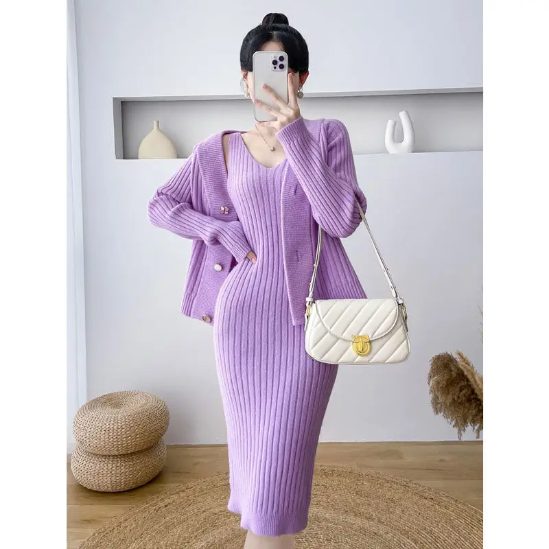 Knitting Suit Women's Two-Piece Set Solid Female V-neck Loose Hollow Cardigan Sweater and Suspender Dress Outfits G578
Knitting Suit Women's Two-Piece Set Solid Female V-neck Loose Hollow Cardigan Sweater and Suspender Dress Outfits G578