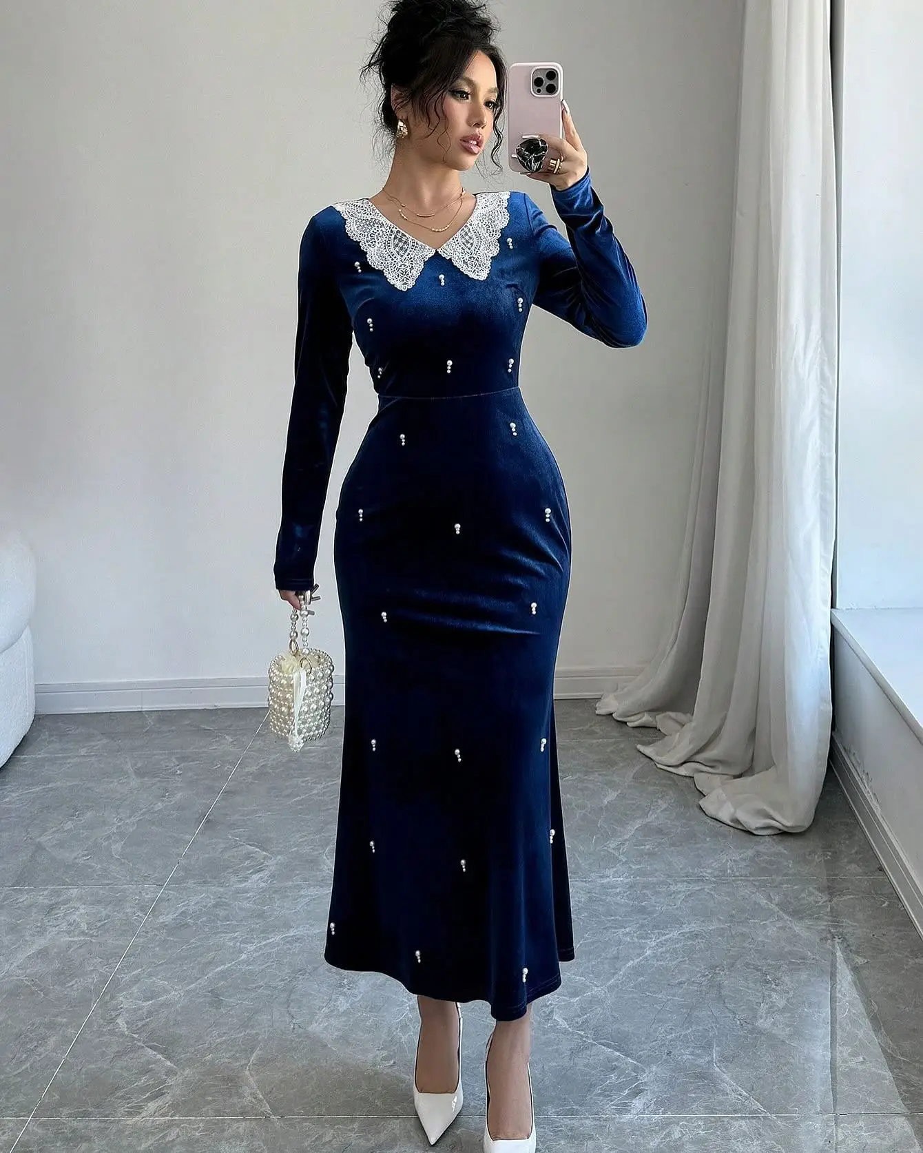 Customized Classic Velour Mermaid Lace Pearls Beading Evening Dresses Delicate Long Sleeves Prom Dress Custom Size Party Dress
Customized Classic Velour Mermaid Lace Pearls Beading Evening Dresses Delicate Long Sleeves Prom Dress Custom Size Party Dress