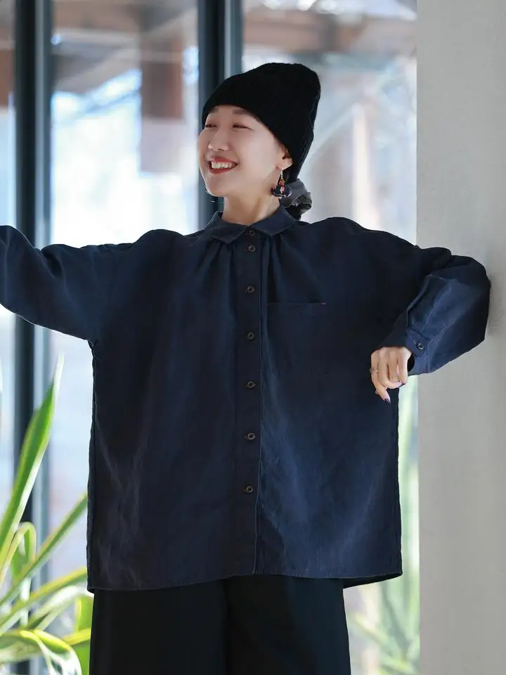 Retro Sle Loose Fit Long Sve irt Women's Haax Indigo Blue Waed down irt Turn-down Collar Button ket Daily Wear
Retro Sle Loose Fit Long Sve irt Women's Haax Indigo Blue Waed down irt Turn-down Collar Button ket Daily Wear