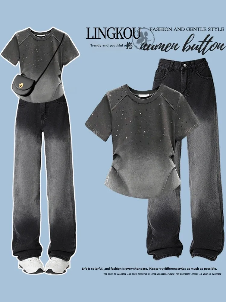 Fashionable Summer Outfit round Neck Short Sleeve T-Shirt And High Waist Wide Leg Jeans Set Ageless High Waist Gradient Denim
Fashionable Summer Outfit round Neck Short Sleeve T-Shirt And High Waist Wide Leg Jeans Set Ageless High Waist Gradient Denim