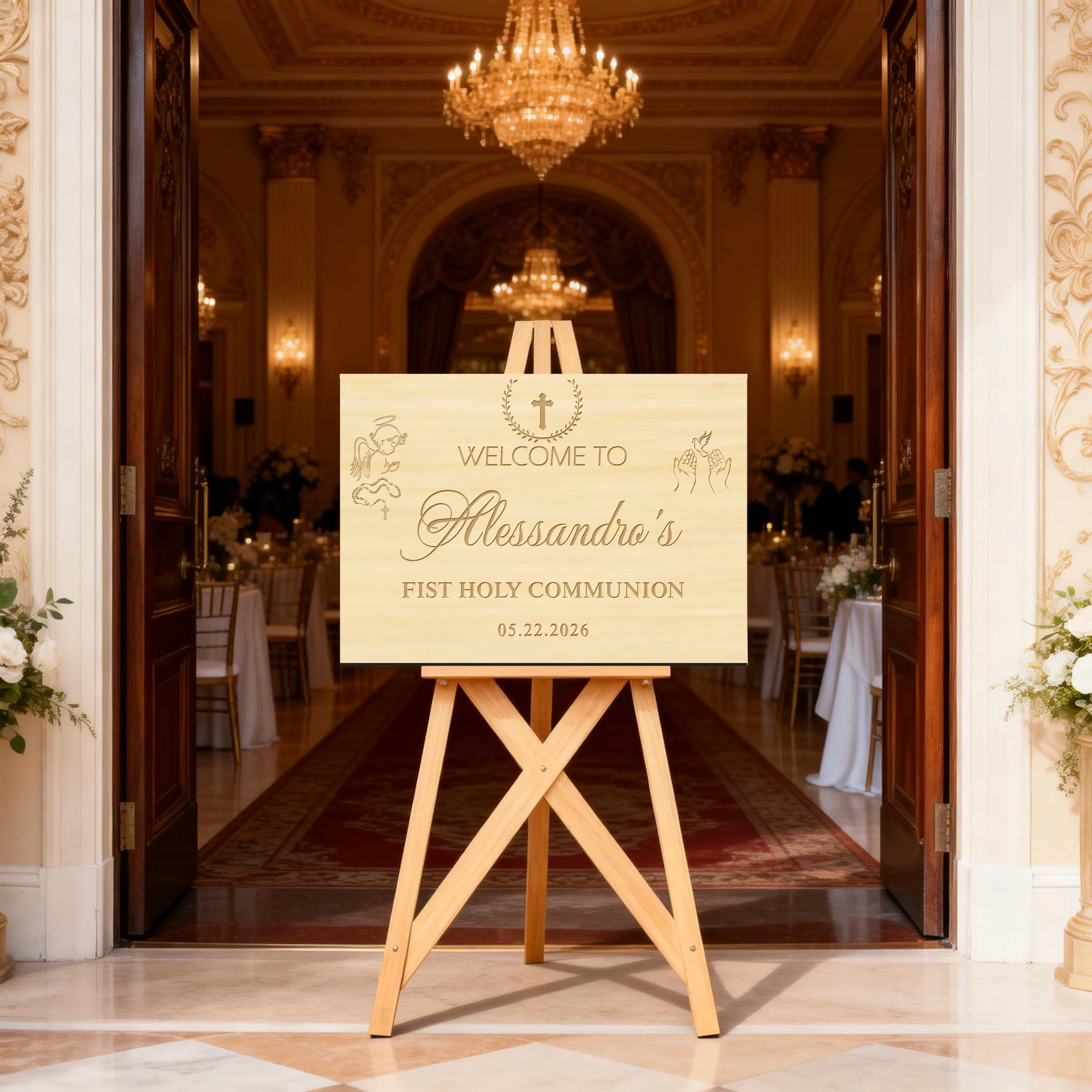 1PCS 39x27.5cm Personalized Wooden Welcome Sign, Custom Name & Date Engraved Cross Angel Dove Design for First Communion Baptism
1PCS 39x27.5cm Personalized Wooden Welcome Sign, Custom Name & Date Engraved Cross Angel Dove Design for First Communion Baptism