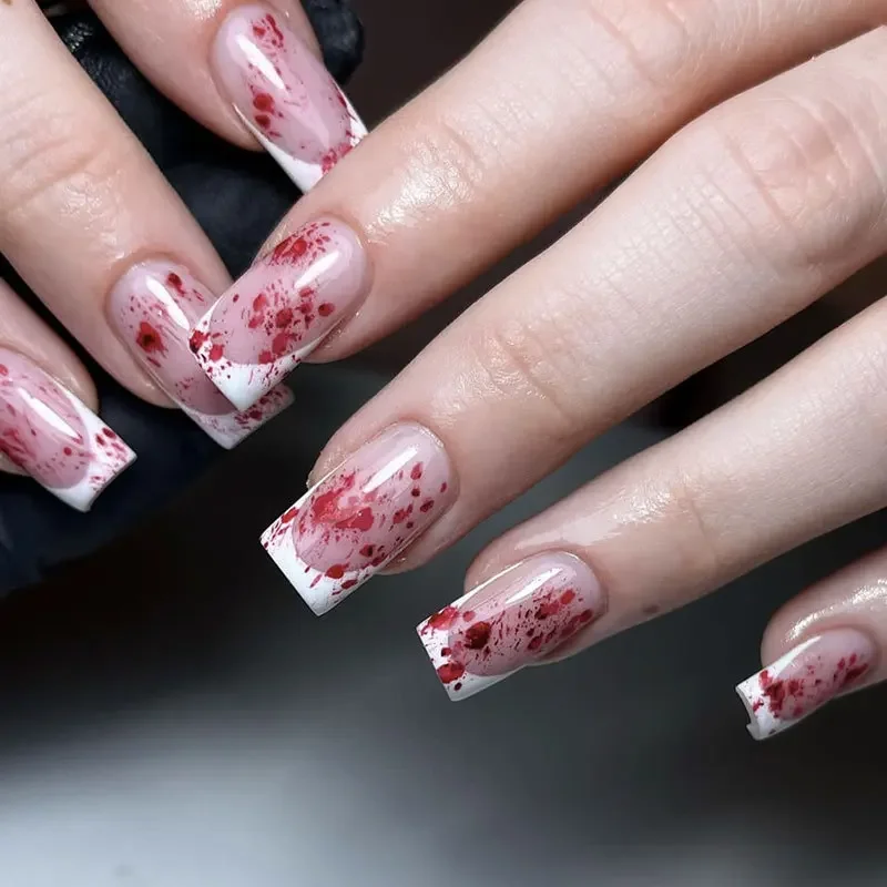 24Pcs Halloween Press on Nails Mid-length Square Head False Nails with Red Blood Design Wearable White French Fake Nail Tips
24Pcs Halloween Press on Nails Mid-length Square Head False Nails with Red Blood Design Wearable White French Fake Nail Tips