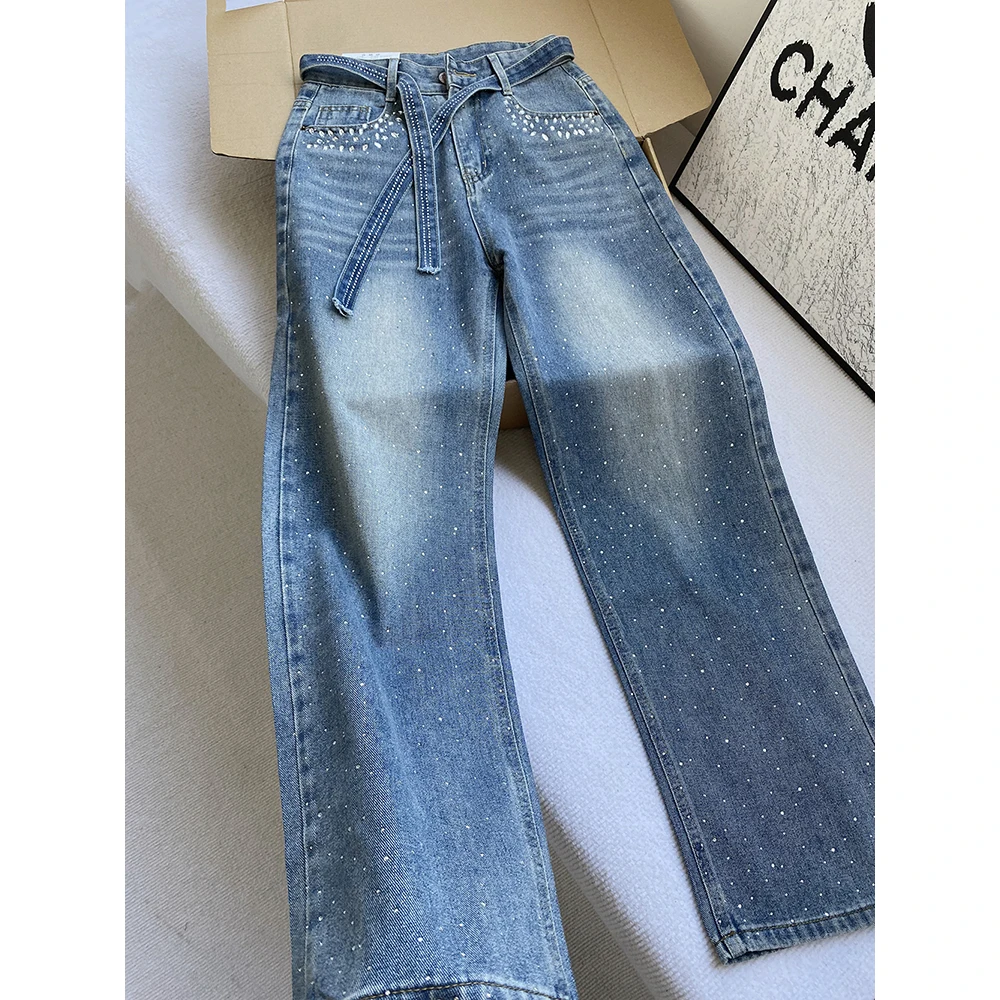 Shiny Diamond Blue Denim Pants for Women Fashion High Waist Rhinestone Straight Wide Leg Jeans with Belt Casual Denim Trousers
Shiny Diamond Blue Denim Pants for Women Fashion High Waist Rhinestone Straight Wide Leg Jeans with Belt Casual Denim Trousers