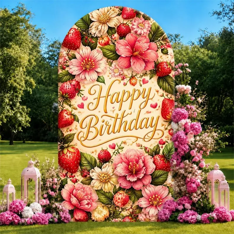 Single Side Arch Backdrop Cover Elegant Floral Birthday Background for Party Decor featuring pink roses strawberries and golden
Single Side Arch Backdrop Cover Elegant Floral Birthday Background for Party Decor featuring pink roses strawberries and golden