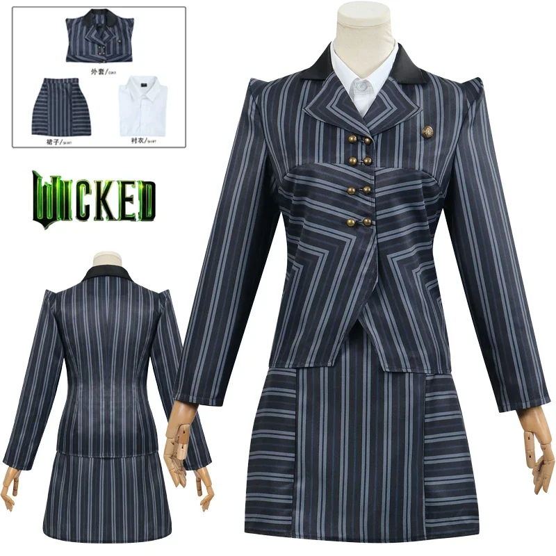 Movie Wicked Elphaba Cosplay Costume Grey Striped Uniform Skirt White Shirt Full Set Halloween Party Outfit Clothing for Women
Movie Wicked Elphaba Cosplay Costume Grey Striped Uniform Skirt White Shirt Full Set Halloween Party Outfit Clothing for Women
