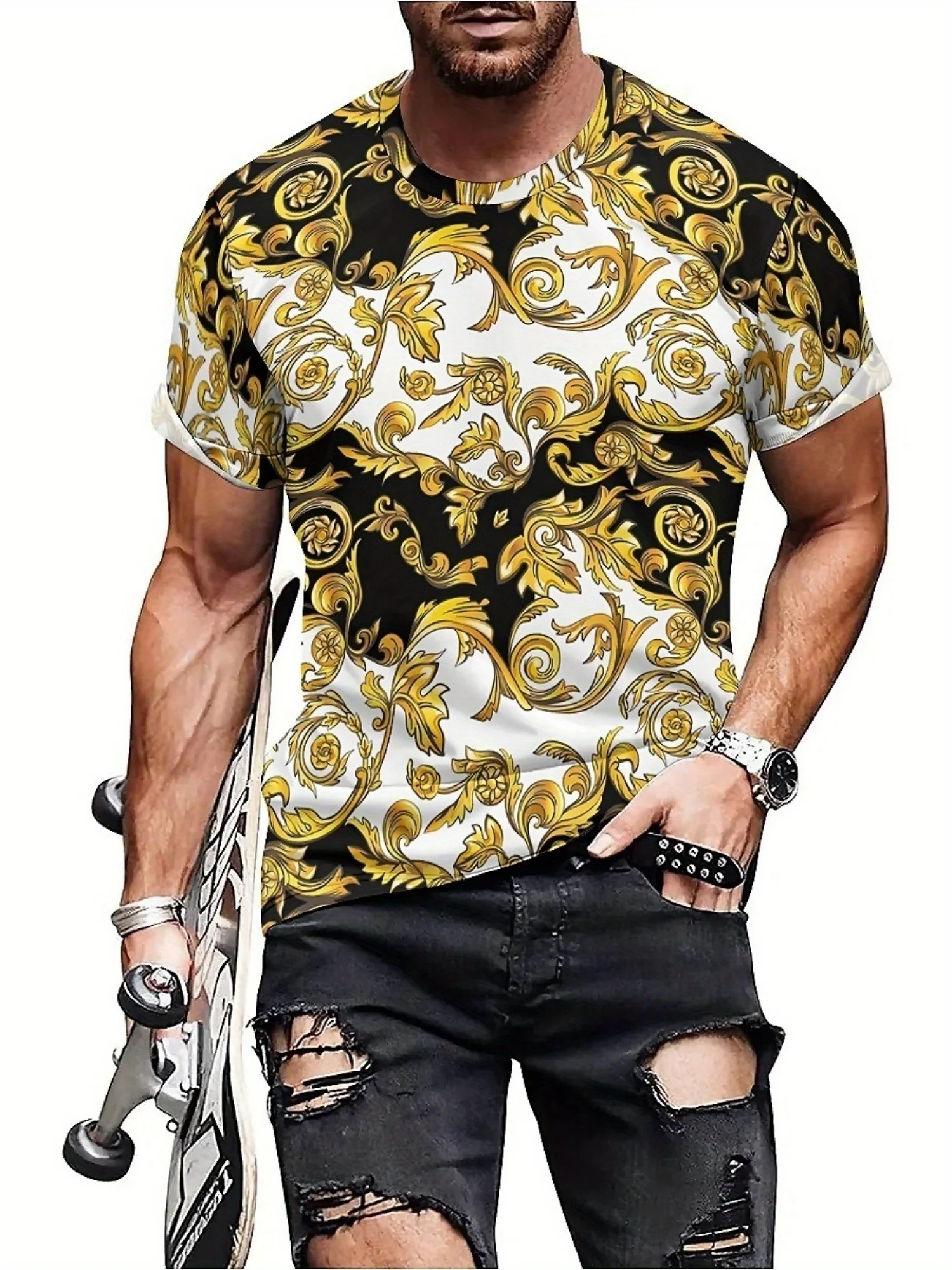 Baroque-Inspired 3D Print Short Sleeve T-Shirt - Unique Irregular Color Block Design, Soft Polyester Fabric
Baroque-Inspired 3D Print Short Sleeve T-Shirt - Unique Irregular Color Block Design, Soft Polyester Fabric