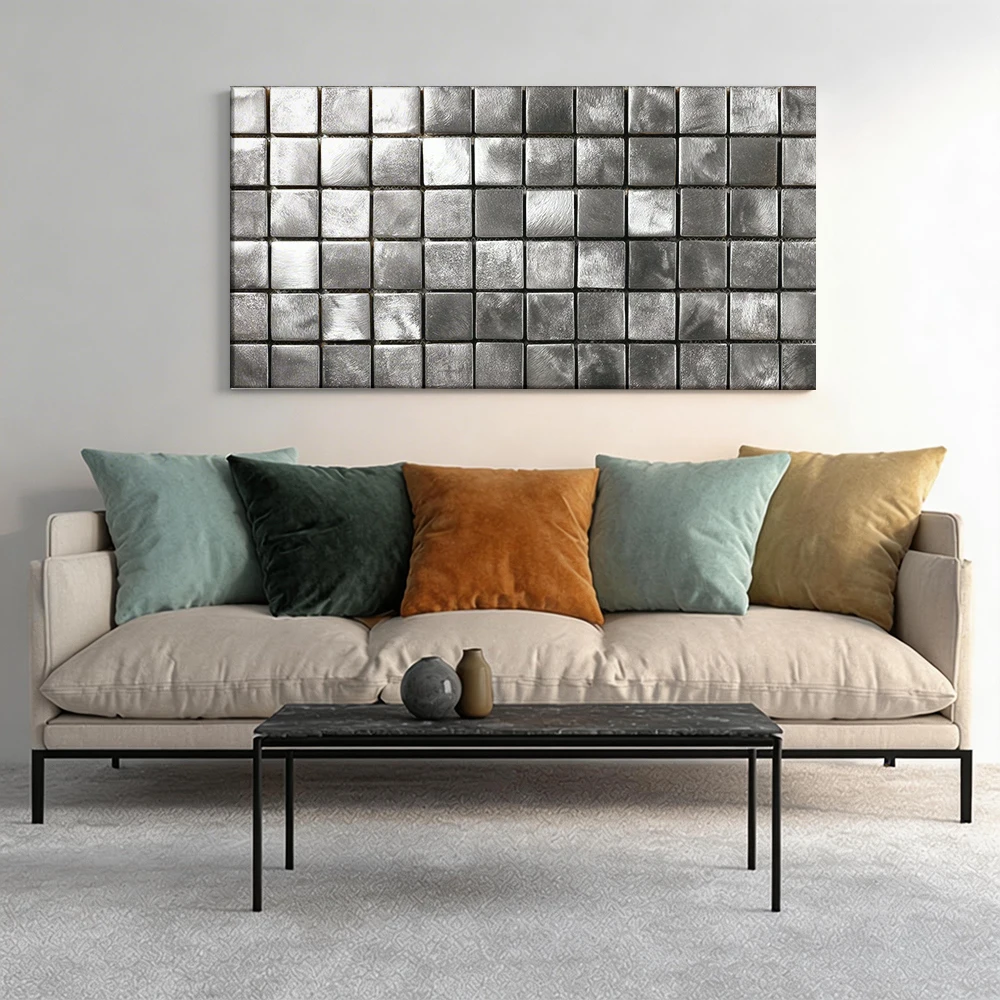 Large-sized solid wood frame canvas painting 1pc Silver-toned mosaic tile sheets.
Large-sized solid wood frame canvas painting 1pc Silver-toned mosaic tile sheets.