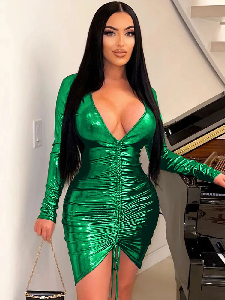 Black Silver Drawstring Ruched Bodycon Dresses Long Sleeve V Neck Nightclub Outfits Women Evening Party Prom Sexy Club Dress
Black Silver Drawstring Ruched Bodycon Dresses Long Sleeve V Neck Nightclub Outfits Women Evening Party Prom Sexy Club Dress