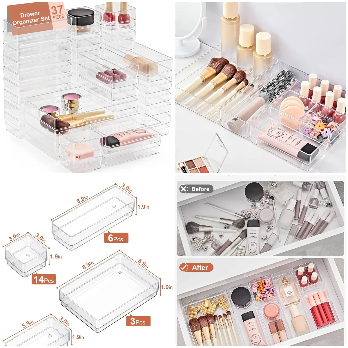 37-Piece Drawer Organizer with Non-Slip Silicone Pads, 4-Size Clear Trays for Makeup, Jewelry, Utensils – Bedroom, Office, Kitch
37-Piece Drawer Organizer with Non-Slip Silicone Pads, 4-Size Clear Trays for Makeup, Jewelry, Utensils – Bedroom, Office, Kitch