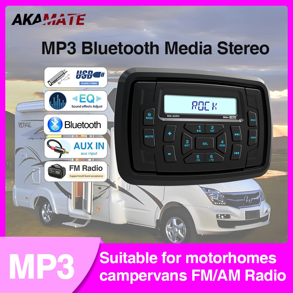 AKAMATE RVs Stereo RV Radio FM AM Receiver MP3 Media Player Bluetooth USB AUX EQ Receiver for UTV ATV SPA RZR IPX5