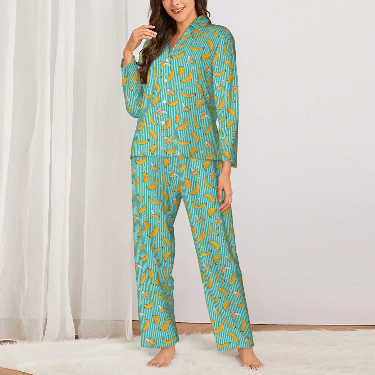 Banana Stripe Pajamas Set Autumn Yellow Fruit Soft Leisure Sleepwear Women 2 Pieces Casual Oversized Graphic Nightwear Present
Banana Stripe Pajamas Set Autumn Yellow Fruit Soft Leisure Sleepwear Women 2 Pieces Casual Oversized Graphic Nightwear Present