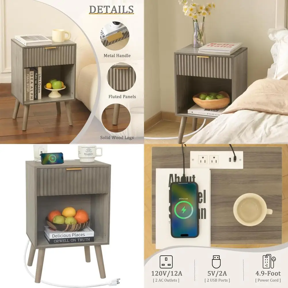 Modern Grey Wood Nightstand with Charging Station, Fluted Drawers, and Storage Shelf for Bedroom or Office
Modern Grey Wood Nightstand with Charging Station, Fluted Drawers, and Storage Shelf for Bedroom or Office