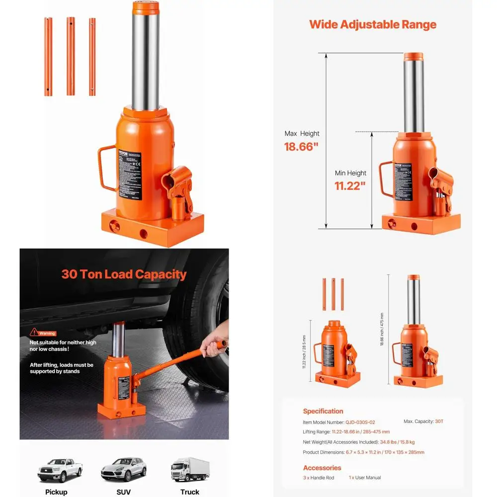 30 Ton Welded Bottle Jack, 11.22-18.66 Lifting Range, 3-Section Handle for Vehicle Repair and Industrial Use
30 Ton Welded Bottle Jack, 11.22-18.66 Lifting Range, 3-Section Handle for Vehicle Repair and Industrial Use