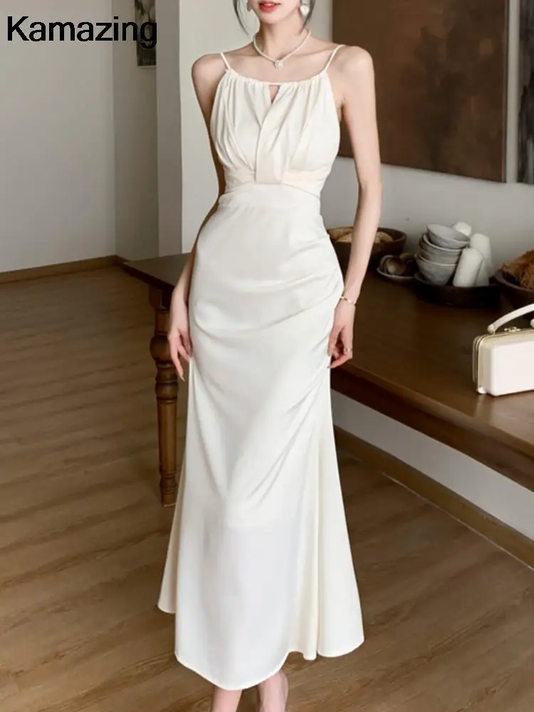 Vintage Satin Halter Evening Dresses Sexy Spaghetti Strap Sleeveless Mermaid Dress French Elegant Slim Waist Vestidos Chic Robe
Vintage Satin Halter Evening Dresses Sexy Spaghetti Strap Sleeveless Mermaid Dress French Elegant Slim Waist Vestidos Chic Robe