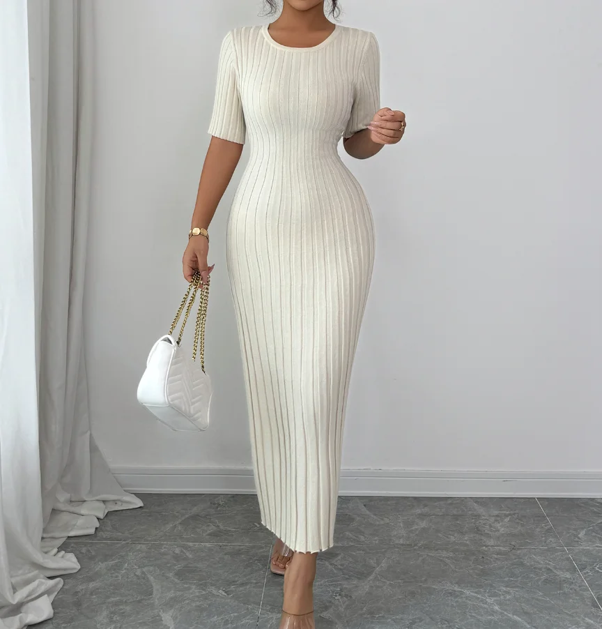 Womens Dresses 2025 Spring New Solid Color Fashionable and Elegant Short Sleeved Round Neck Casual Buttocks Wrapped Long Dress
Womens Dresses 2025 Spring New Solid Color Fashionable and Elegant Short Sleeved Round Neck Casual Buttocks Wrapped Long Dress