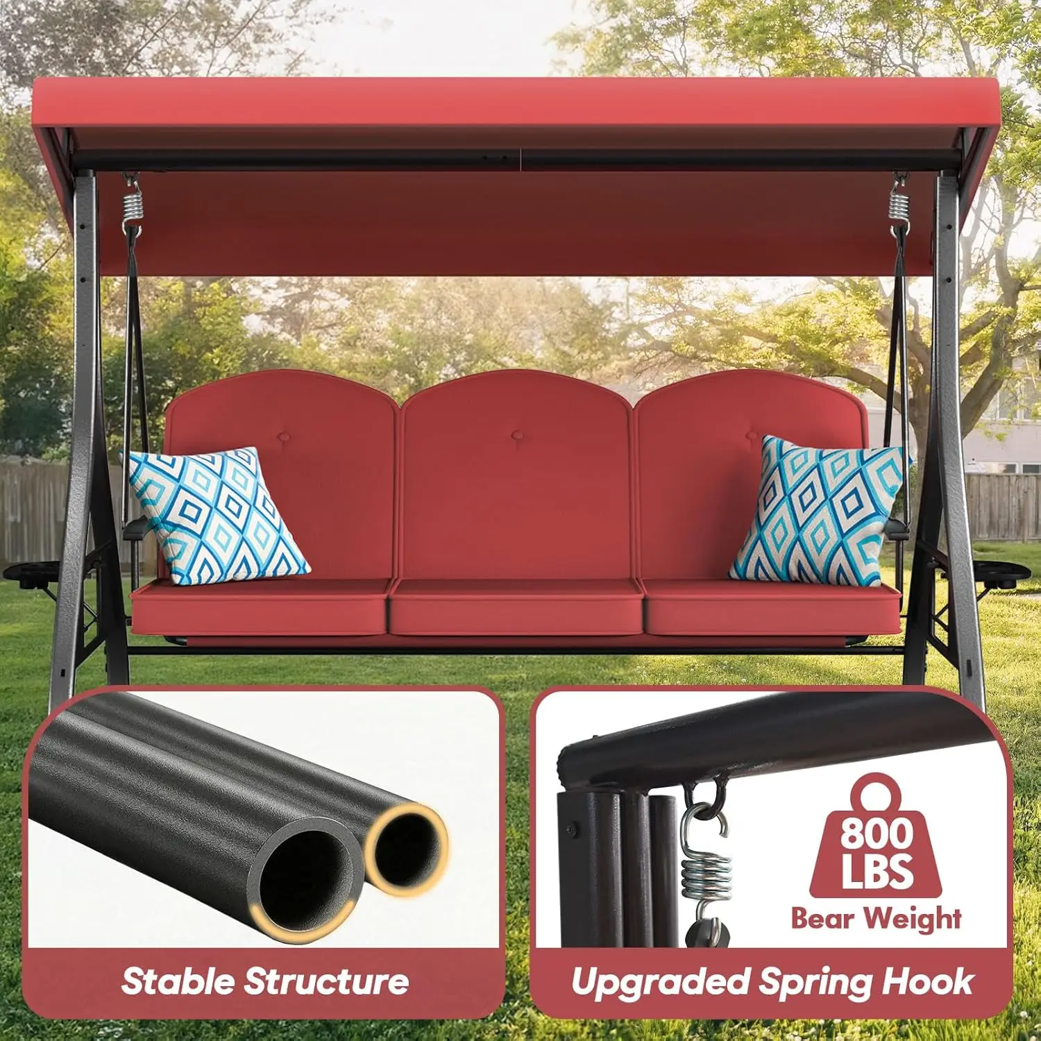 Outdoor Porch Swing with Stand 800lbs Capacity Convertible Swing Bed Adjustable Canopy Removable Cushion for Yard Deck Garden
Outdoor Porch Swing with Stand 800lbs Capacity Convertible Swing Bed Adjustable Canopy Removable Cushion for Yard Deck Garden