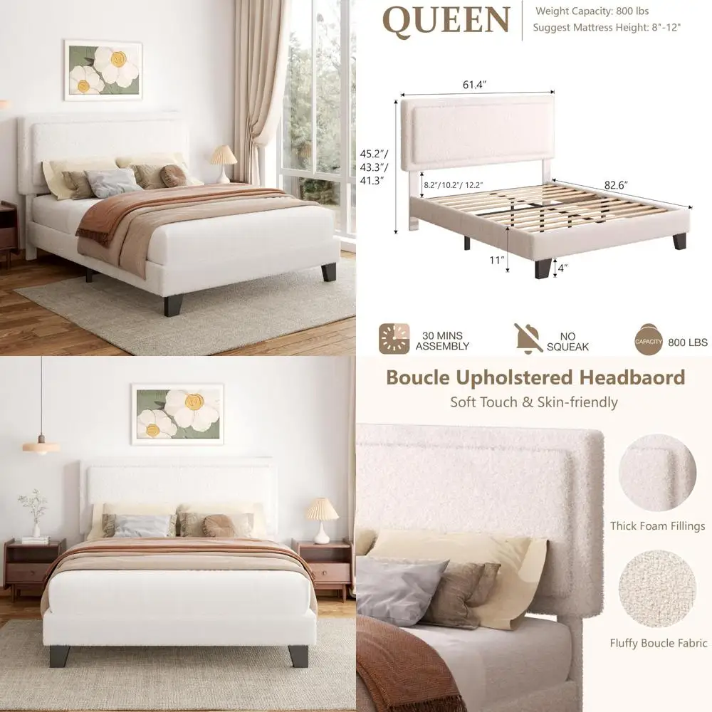 Modern Upholstered Platform Bed Frame with Adjustable Headboard, Queen Size, Soft Boucle Fabric, No Box Spring Needed
Modern Upholstered Platform Bed Frame with Adjustable Headboard, Queen Size, Soft Boucle Fabric, No Box Spring Needed