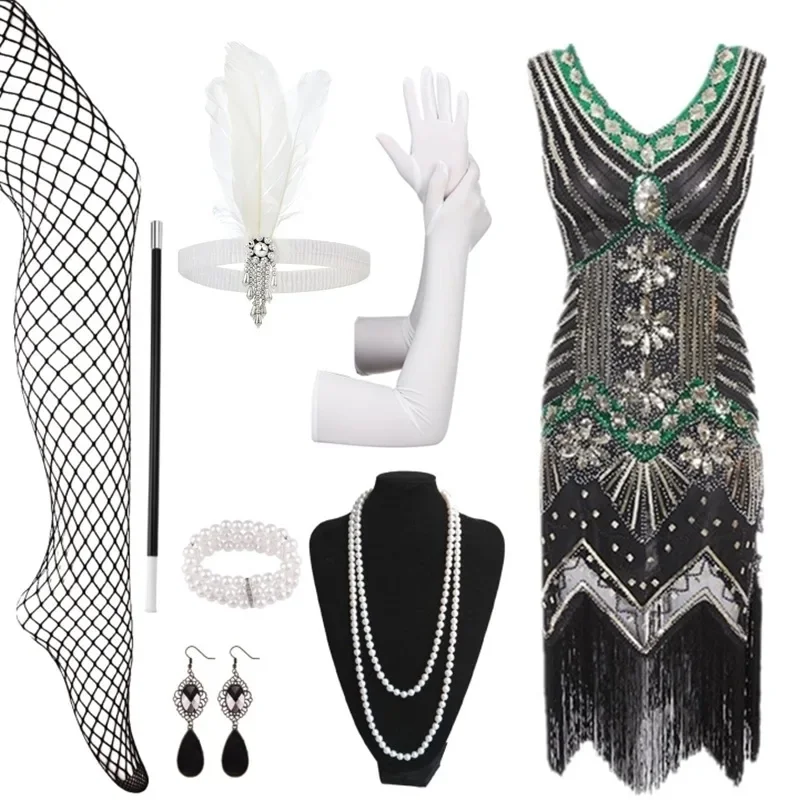 American 1920S Vintage Sequin Tassel Skirt Cover Women's Prom Evening Gown with Accessories Set Festival Play Costume
American 1920S Vintage Sequin Tassel Skirt Cover Women's Prom Evening Gown with Accessories Set Festival Play Costume