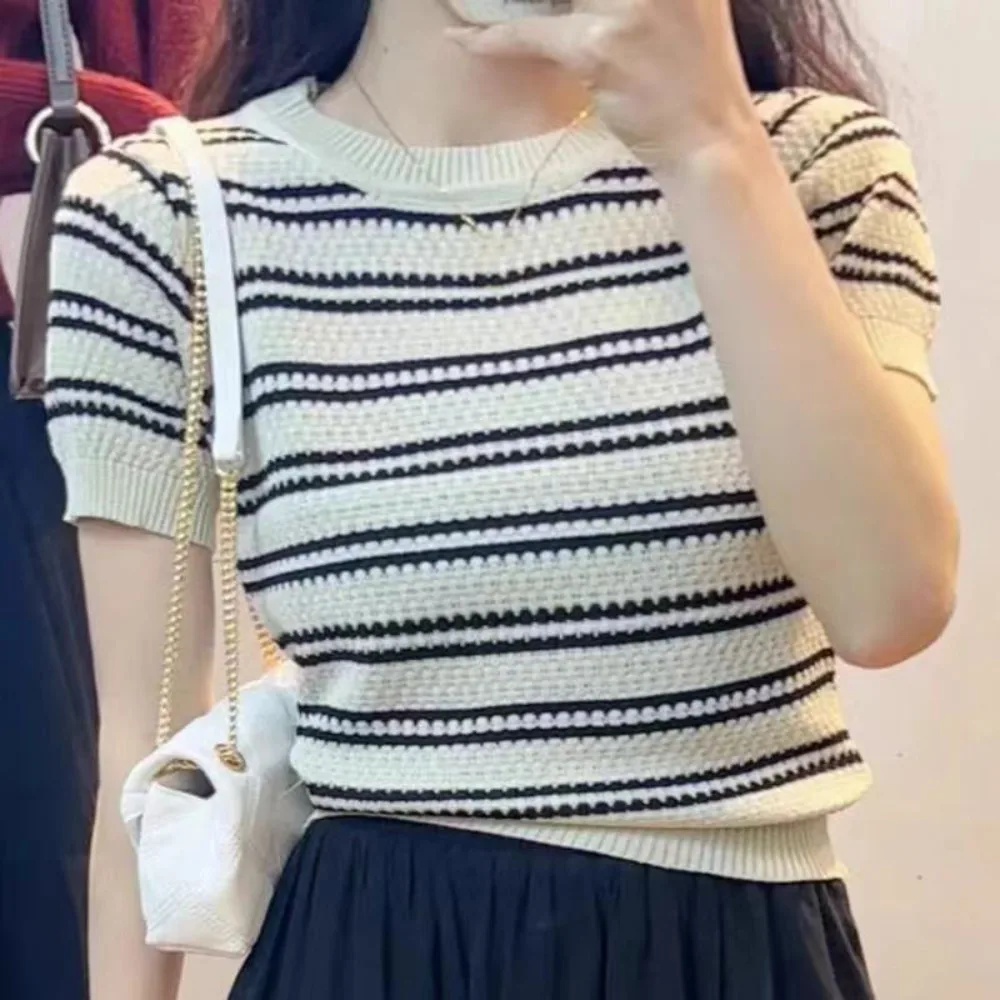 Stylish Ins Short Sleeve Crop Top Sweet Female Clothing Stripe Knitted T-shirt Slim Fit Bottoming Shirt Knitwear Women Female
Stylish Ins Short Sleeve Crop Top Sweet Female Clothing Stripe Knitted T-shirt Slim Fit Bottoming Shirt Knitwear Women Female