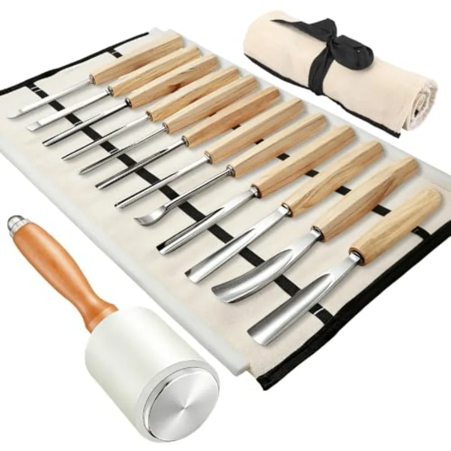 Wood Carving Kit, 12 Chisels + 1 Mallet + Canvas Pouch, Wood Carving Tools, Cr-V 60 Steel Blades, Woodworking Tools for Profess
Wood Carving Kit, 12 Chisels + 1 Mallet + Canvas Pouch, Wood Carving Tools, Cr-V 60 Steel Blades, Woodworking Tools for Profess