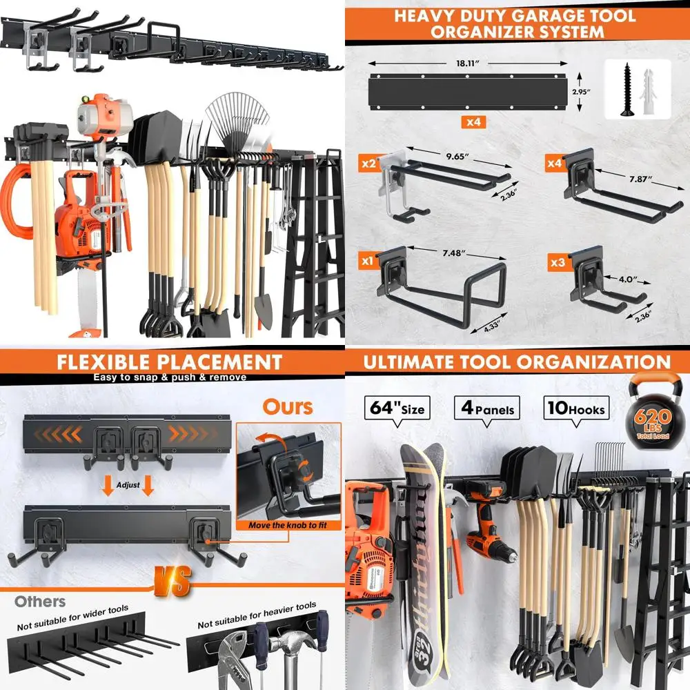 Heavy-Duty 64 Wall-Mounted Garage Organizer with Adjustable Hooks, Holds Up to 620lbs, Ideal for Tools, Rakes, Brooms, and More
Heavy-Duty 64 Wall-Mounted Garage Organizer with Adjustable Hooks, Holds Up to 620lbs, Ideal for Tools, Rakes, Brooms, and More