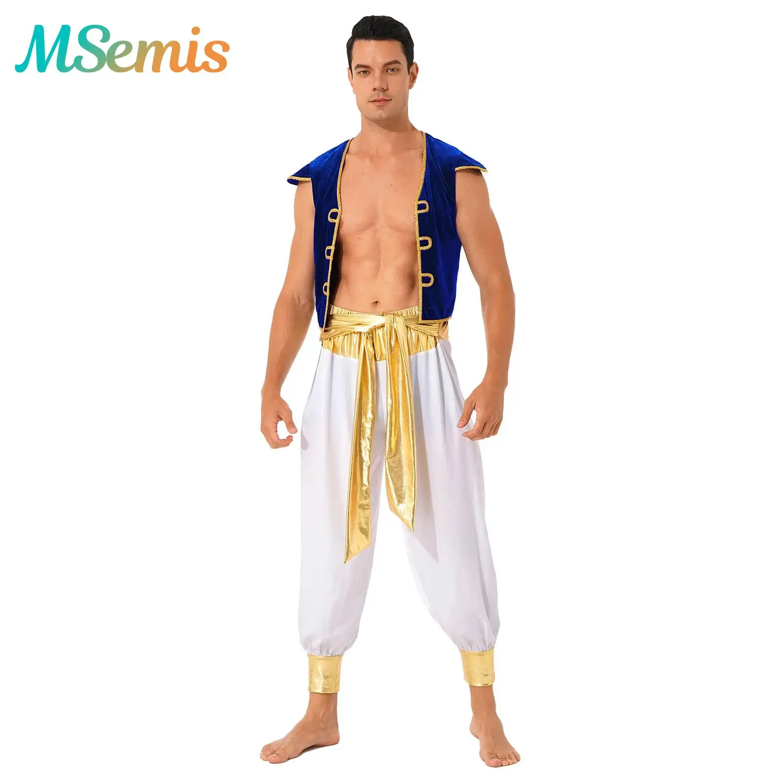Mens Arabian Prince Mythical Persian Cosplay Costume Arab King Outfits Cap Sleeve Vest Waistcoat with Belted Bloomers Pants
Mens Arabian Prince Mythical Persian Cosplay Costume Arab King Outfits Cap Sleeve Vest Waistcoat with Belted Bloomers Pants