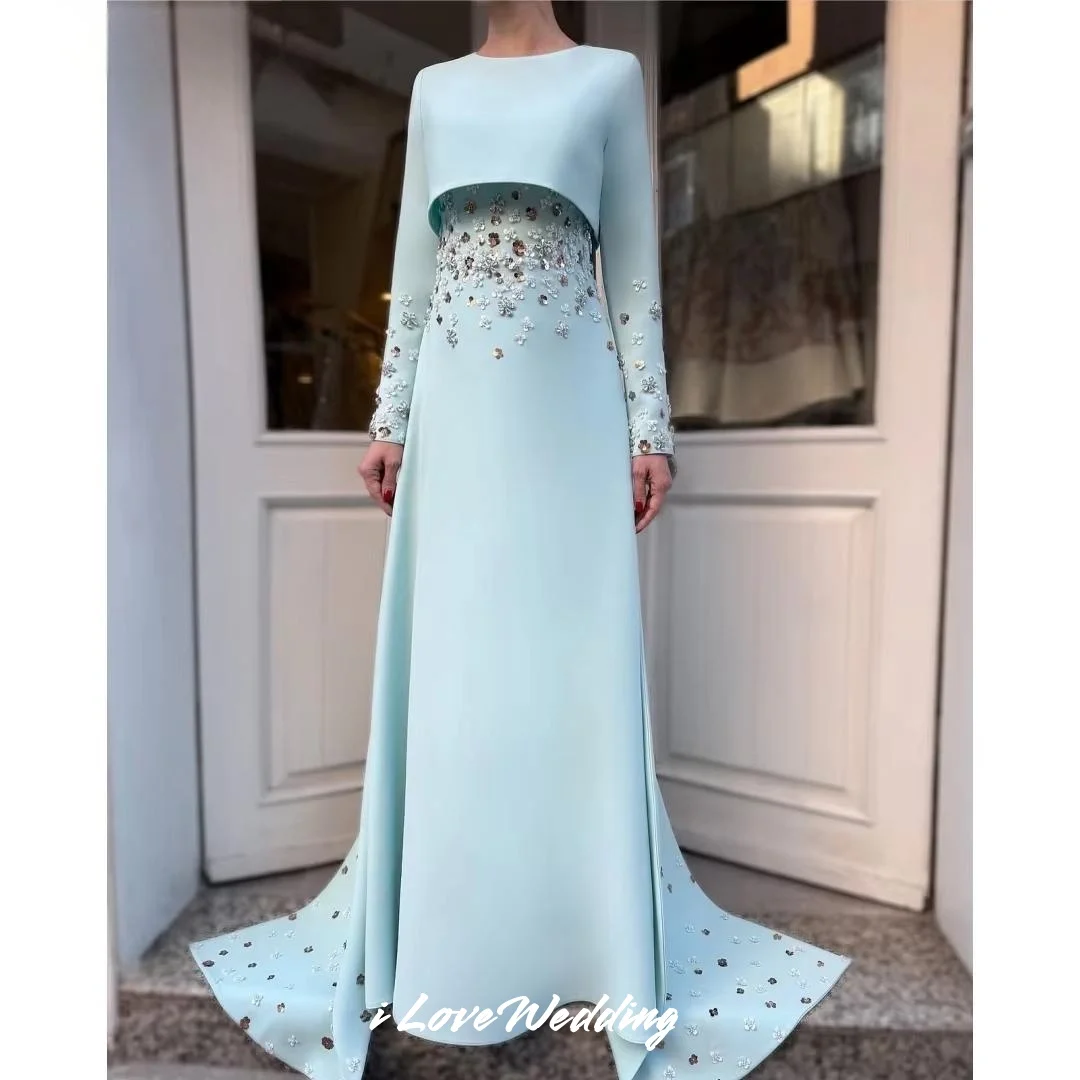 Blue O-Neck Evening Dress 2025 Satin Long Sleeve Beaded 3D Flower A-Line Sweep Train Floor-Length Pleated Party Dress Customized 
Blue O-Neck Evening Dress 2025 Satin Long Sleeve Beaded 3D Flower A-Line Sweep Train Floor-Length Pleated Party Dress Customized