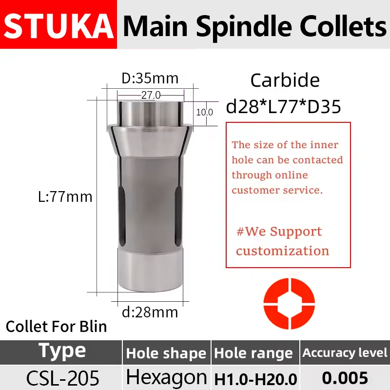 Stuka Hexagon Collet For Blin CSL-205 Headstock Swiss type automatic lathe chuck high precision Tungsten carbide Guide bush
Stuka Hexagon Collet For Blin CSL-205 Headstock Swiss type automatic lathe chuck high precision Tungsten carbide Guide bush